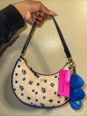Betsey Johnson Cream & Blue Floral Crescent Shoulder Bag with Blue Pom-Pom Charm